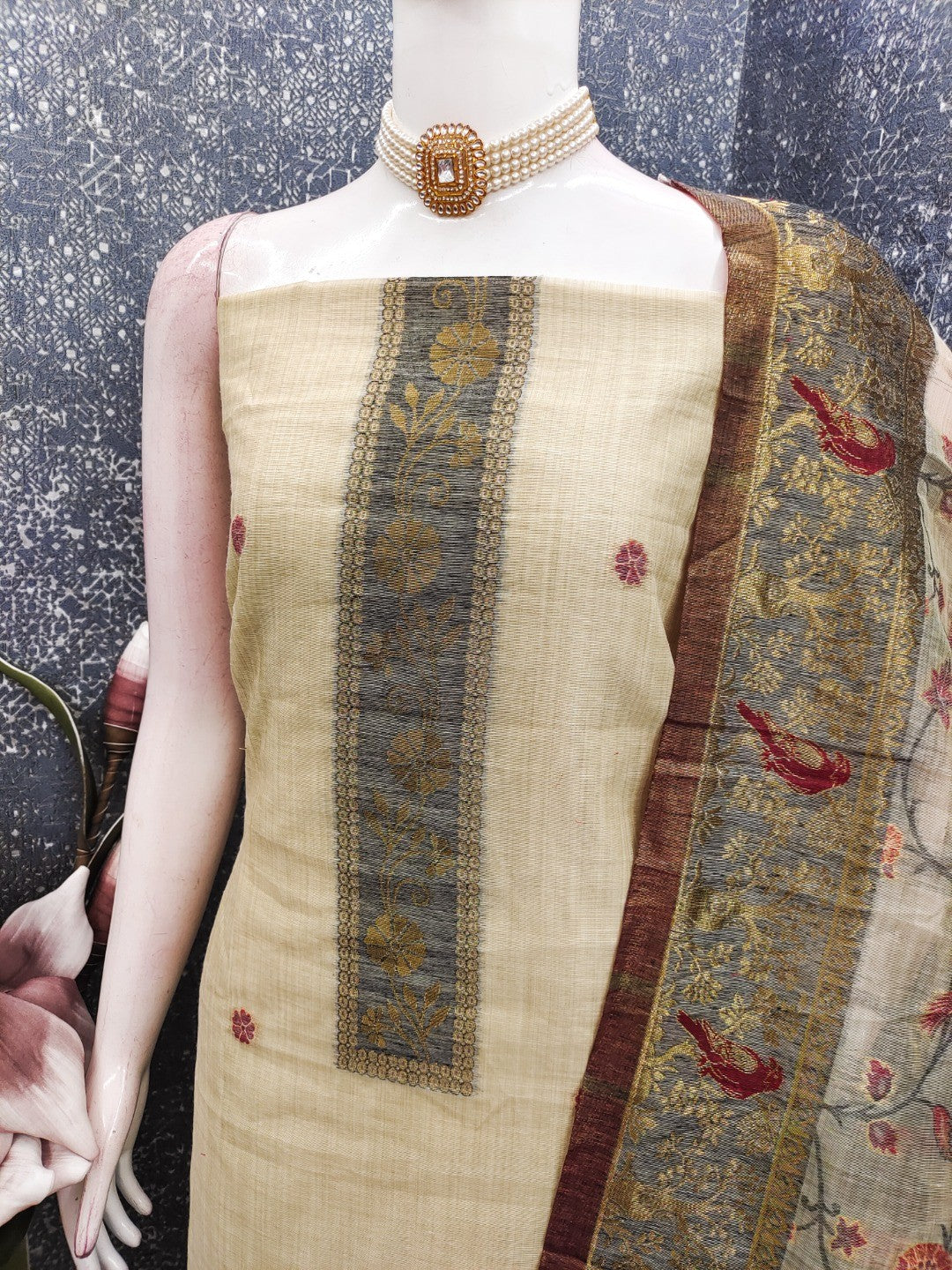 Cream Chanderi Silk Dress Material with Floral Dupatta and Fine Floral Detailing - Image 2