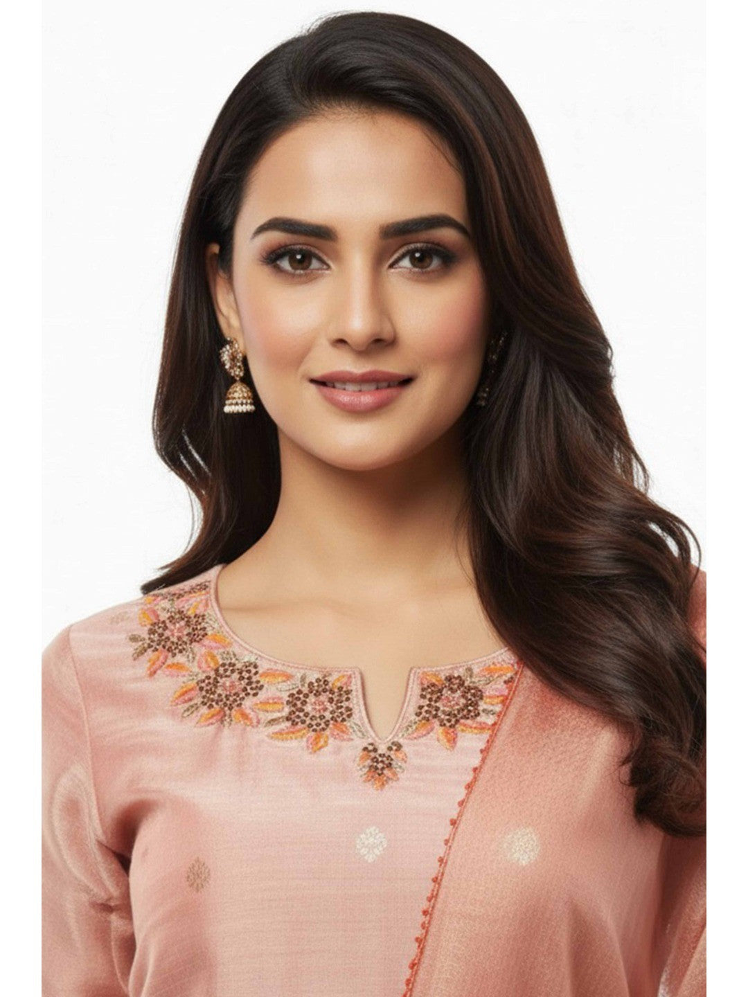 Peach Shimmer Straight Salwar Suit Featuring Intricate Floral Embroidery on the Neckline - Image 2