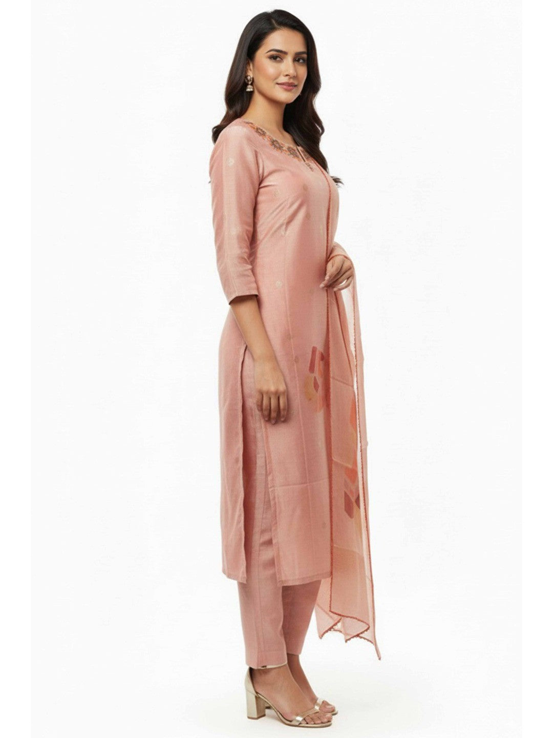 Peach Shimmer Straight Salwar Suit Featuring Intricate Floral Embroidery on the Neckline - Image 3