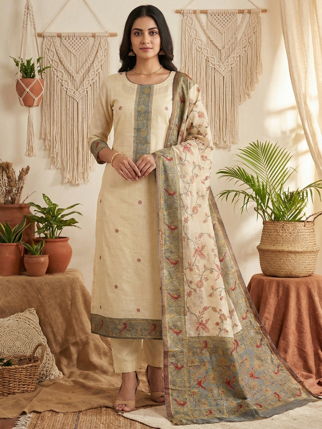 Cream Chanderi Silk Dress Material with Floral Dupatta and Fine Floral Detailing - Image 1