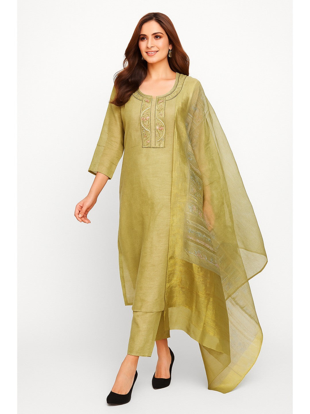 Light Green Floral Embroidered Shimmer Straight Salwar Suit - Image 1