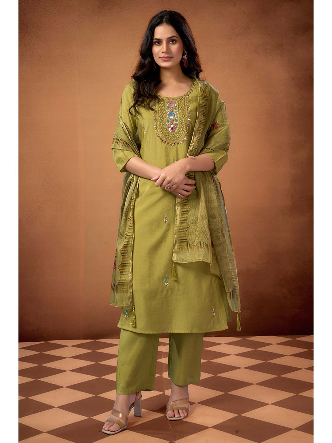Lime Green Beads Work Embroidered Shimmer Straight Salwar Suit - Image 1