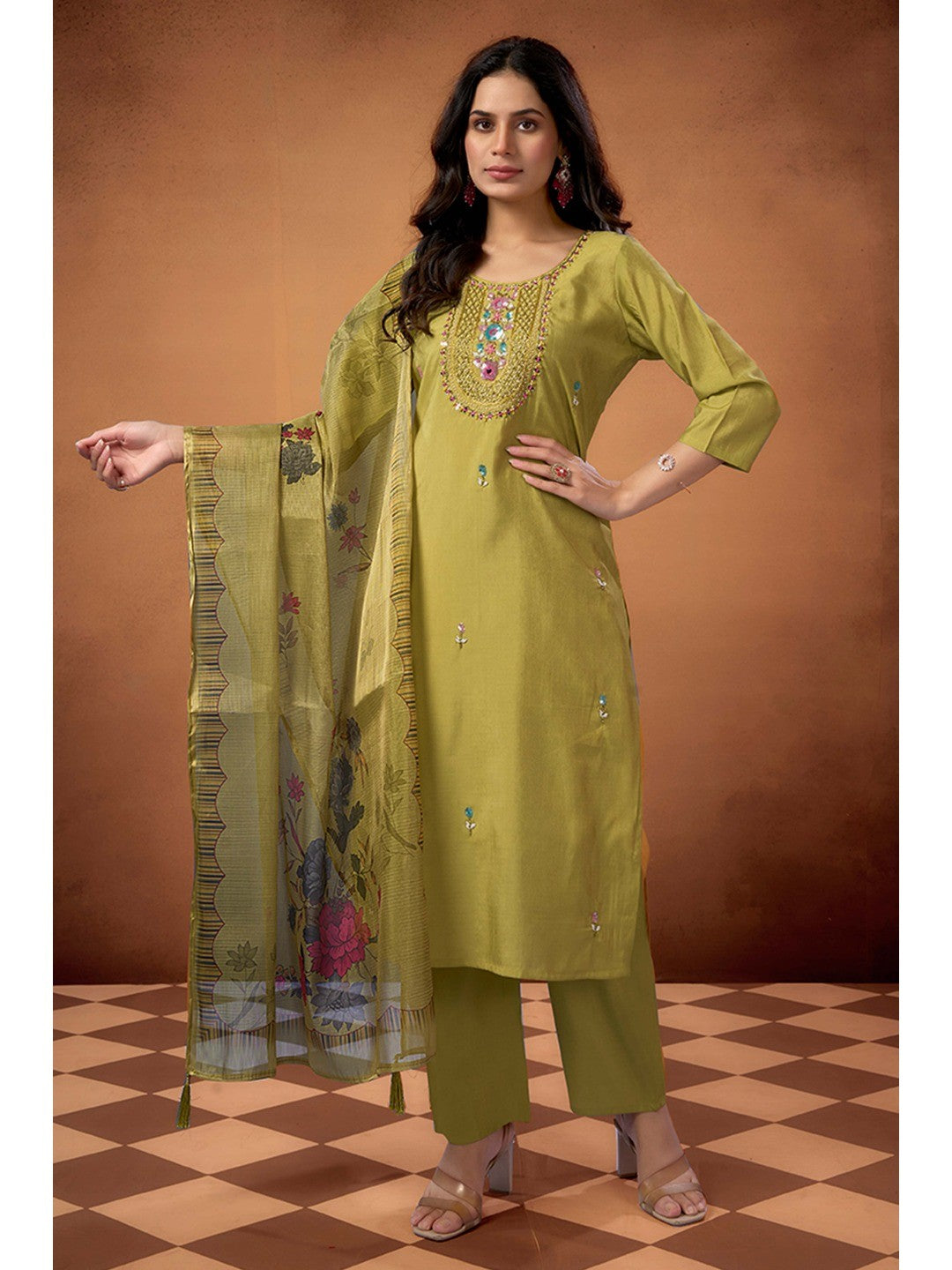 Lime Green Beads Work Embroidered Shimmer Straight Salwar Suit - Image 3
