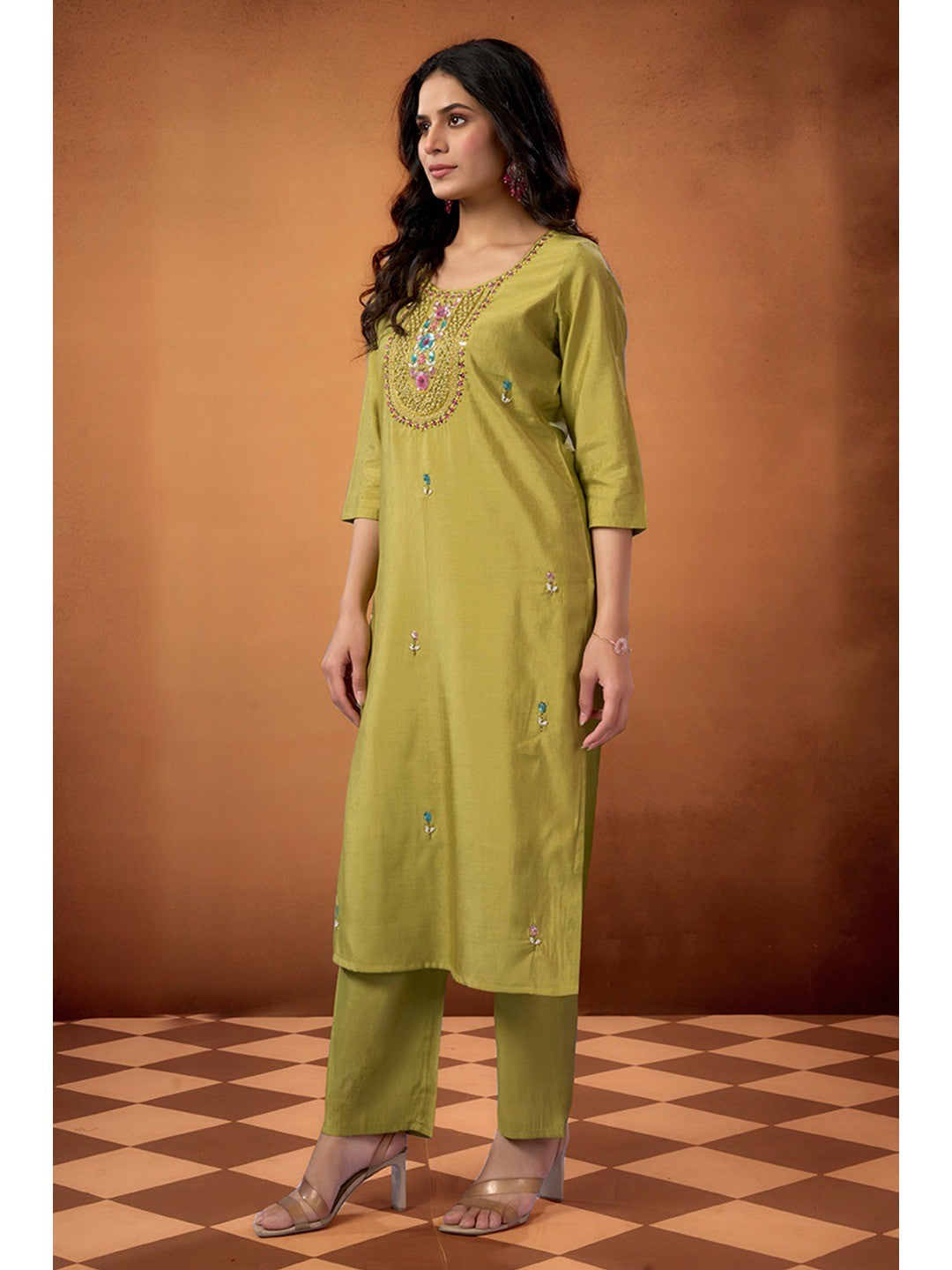 Lime Green Beads Work Embroidered Shimmer Straight Salwar Suit - Image 5