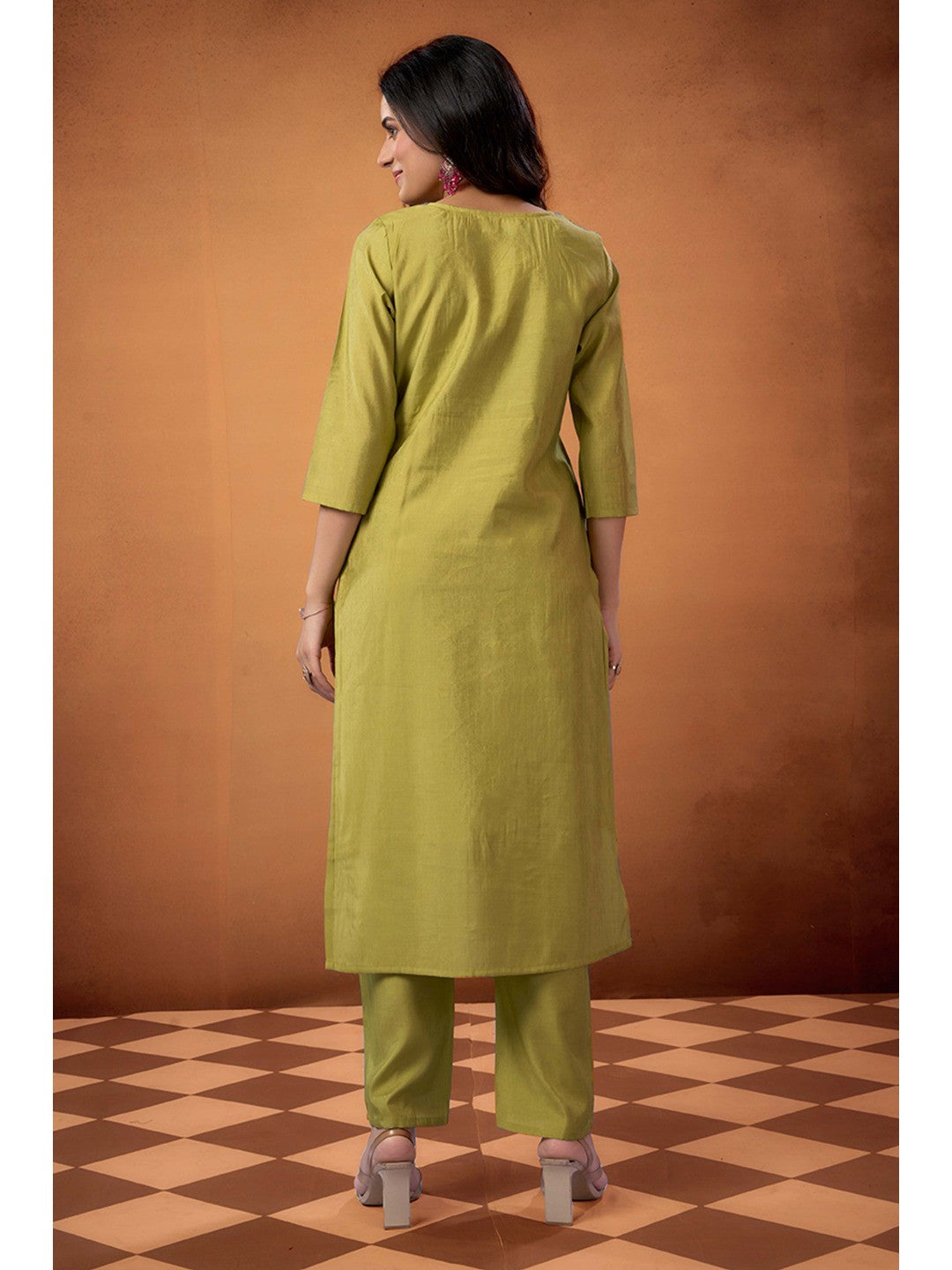 Lime Green Beads Work Embroidered Shimmer Straight Salwar Suit - Image 7