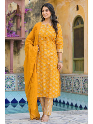 Mustard Floral Printed Pure Cotton Straight Salwar Suit - Image 1
