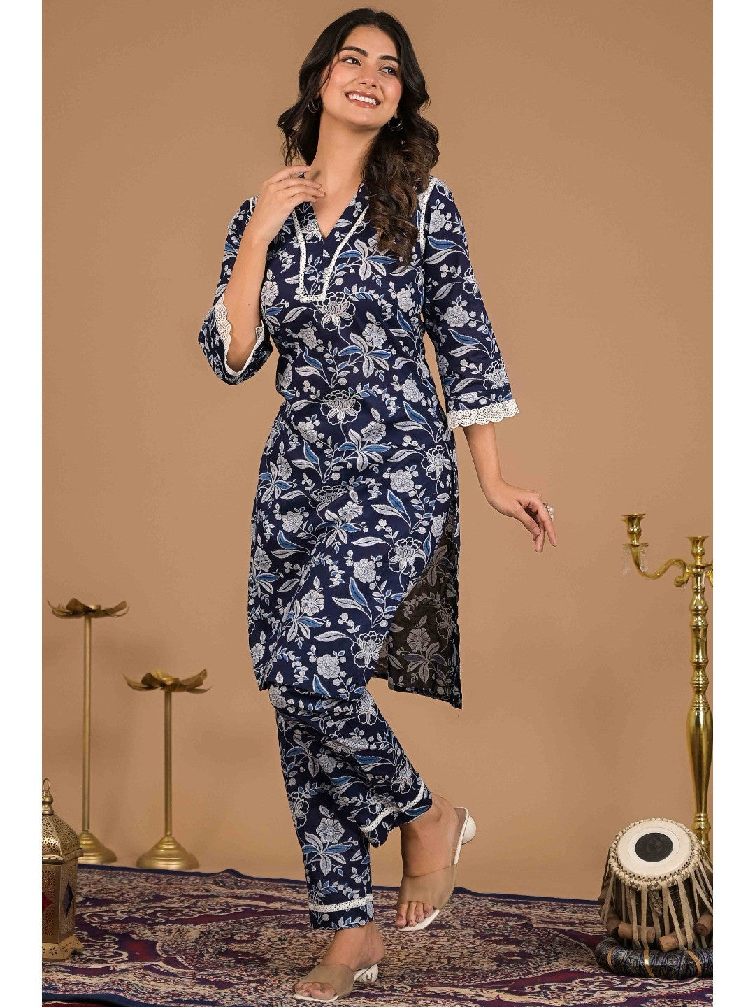 Navy Blue Floral Printed Pure Cotton Top Bottom Set - Image 1