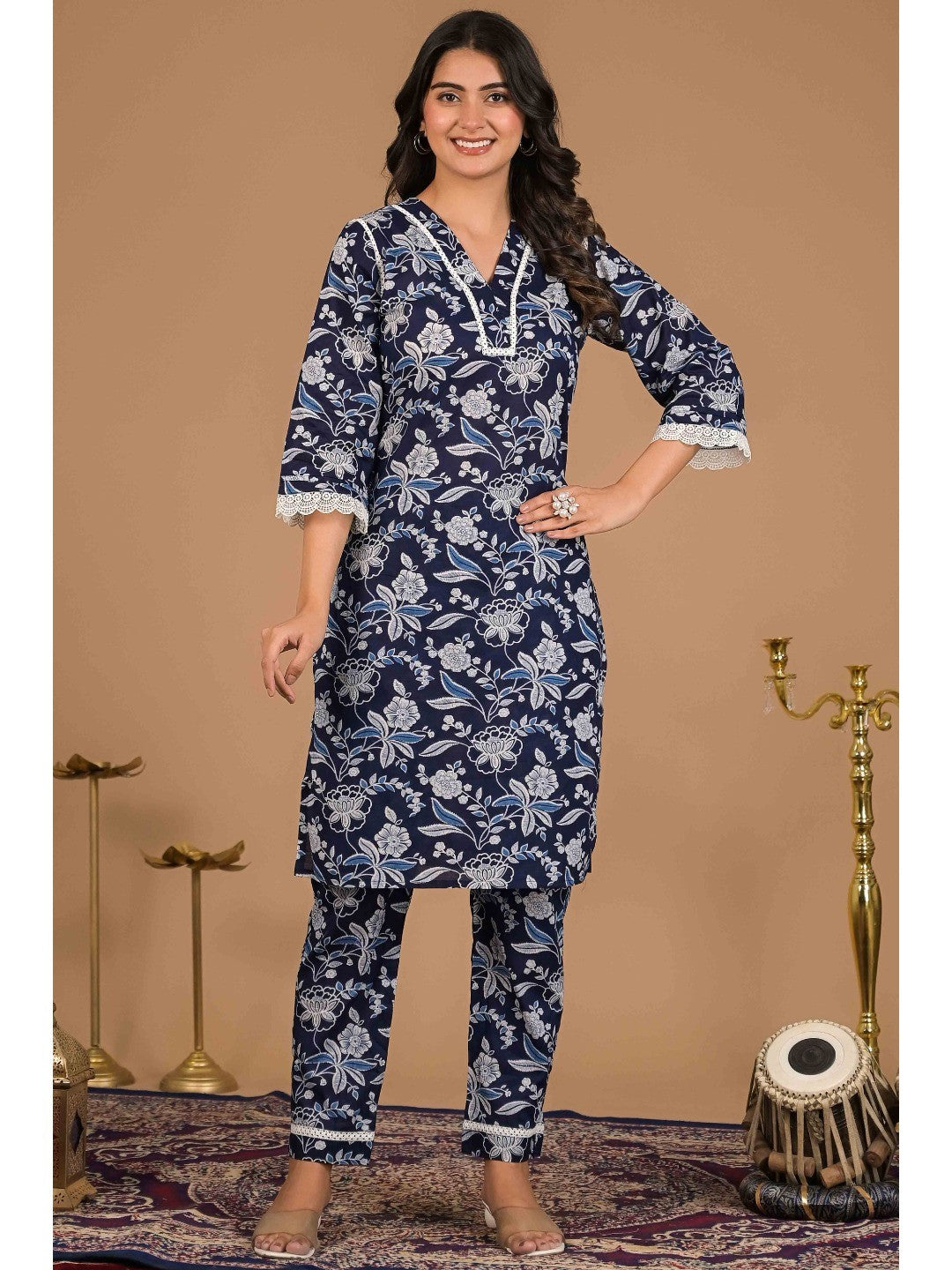 Navy Blue Floral Printed Pure Cotton Top Bottom Set - Image 3