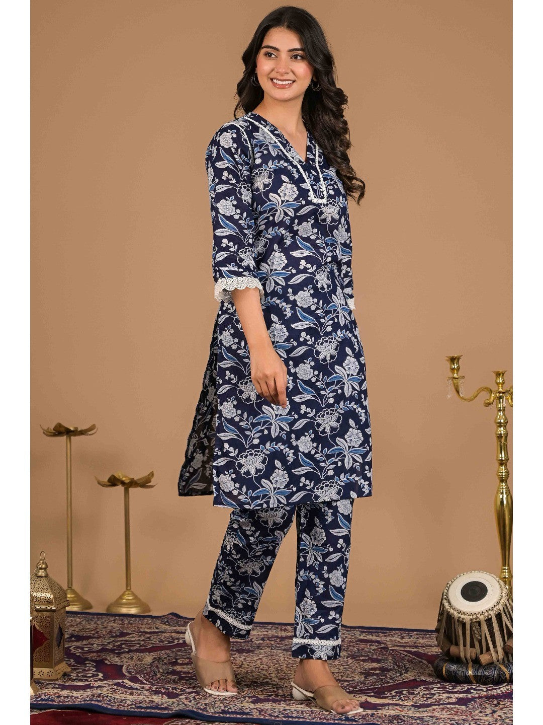 Navy Blue Floral Printed Pure Cotton Top Bottom Set - Image 6
