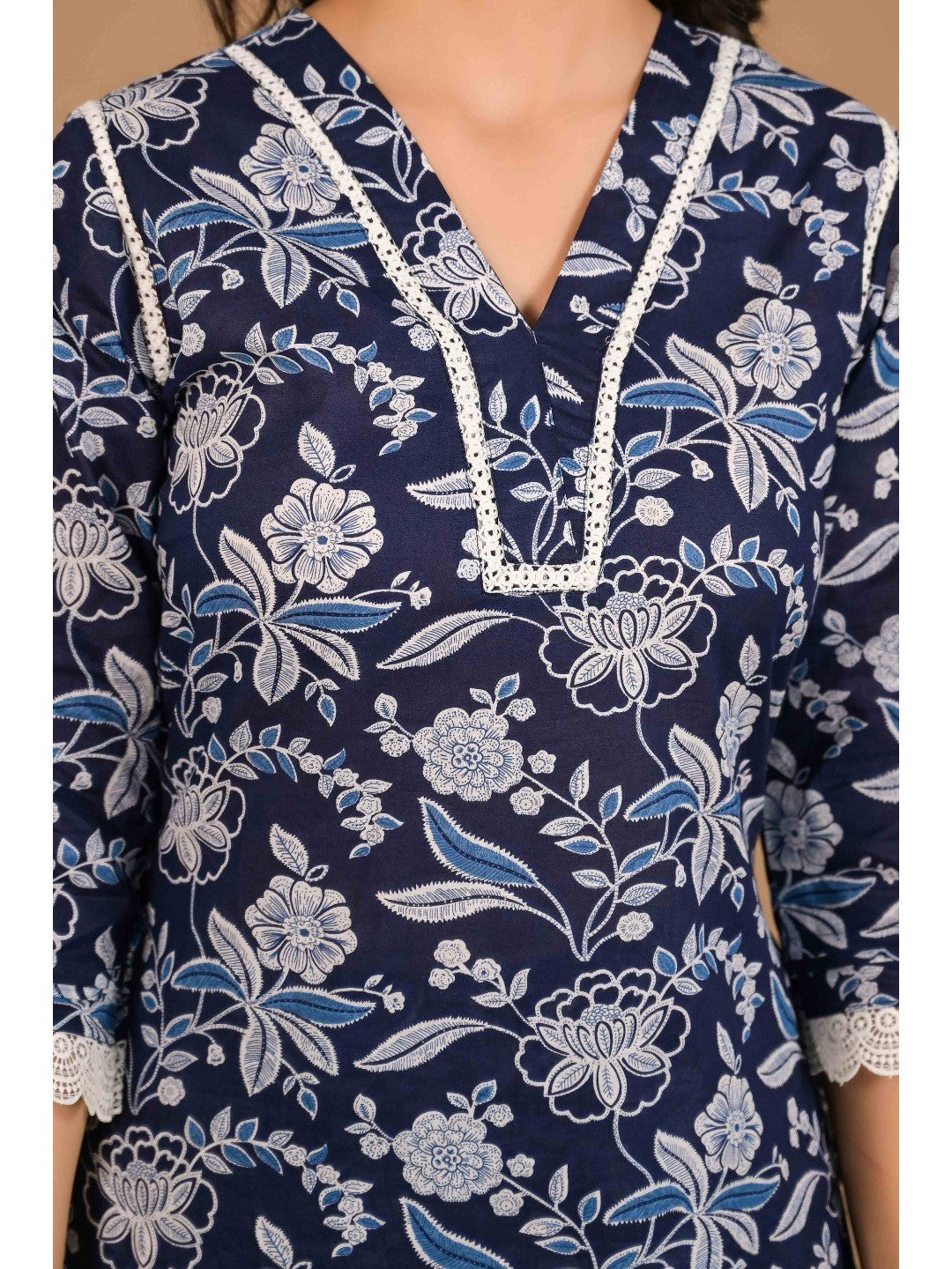 Navy Blue Floral Printed Pure Cotton Top Bottom Set - Image 4