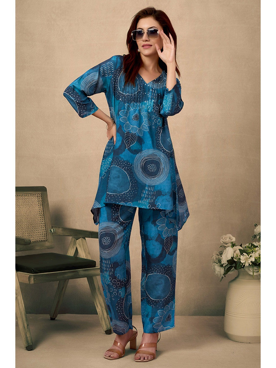 Teal Co-Ord Set In Muslin with Floral Print & Sequin Sparkle - Image 1