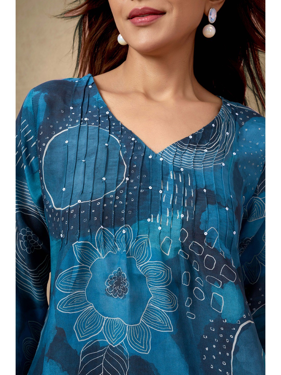 Teal Co-Ord Set In Muslin with Floral Print & Sequin Sparkle - Image 3
