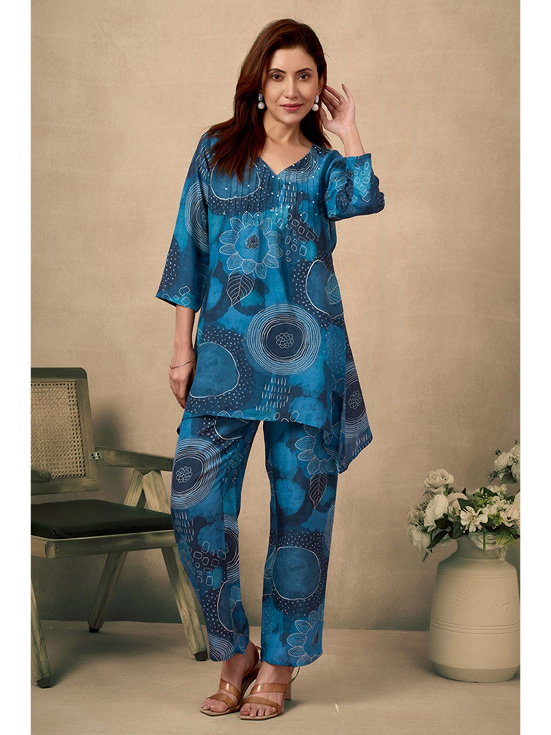 Teal Co-Ord Set In Muslin with Floral Print & Sequin Sparkle - Image 5