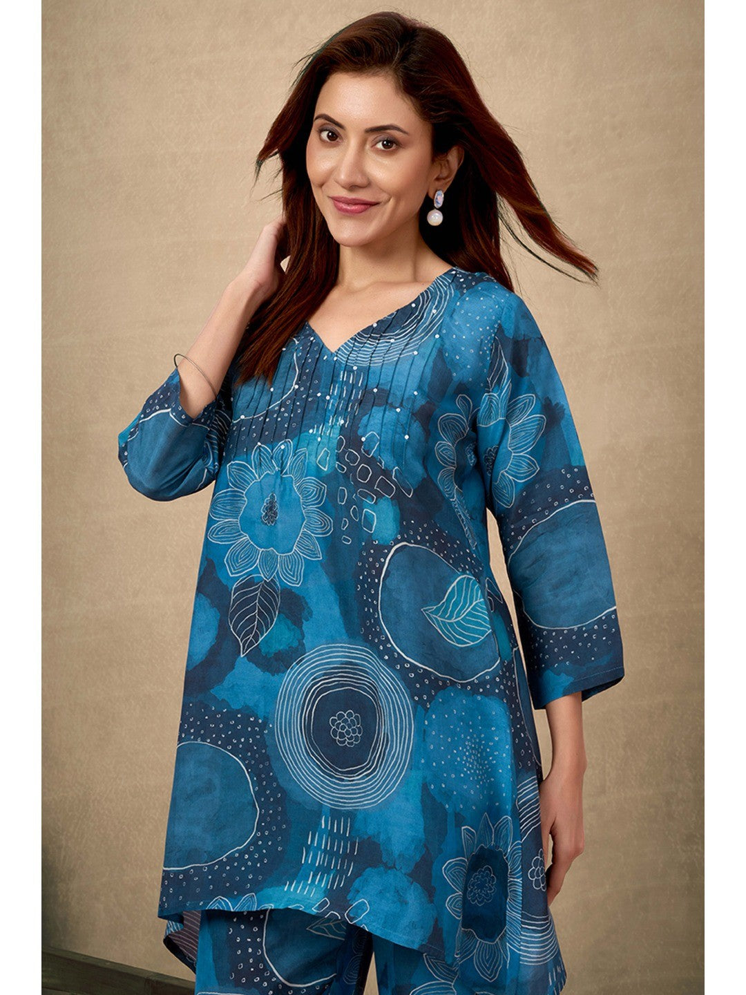 Teal Co-Ord Set In Muslin with Floral Print & Sequin Sparkle - Image 4