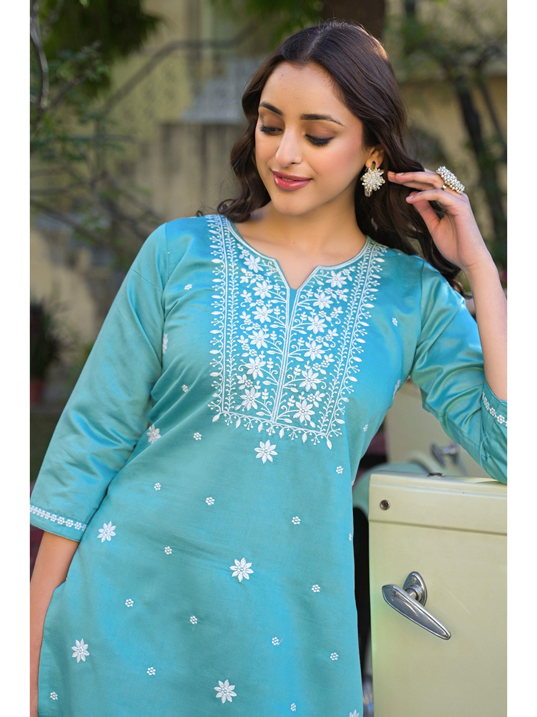 Mint Green Floral Embroidered Viscose Gadwal Silk Top Bottom Set - Image 7