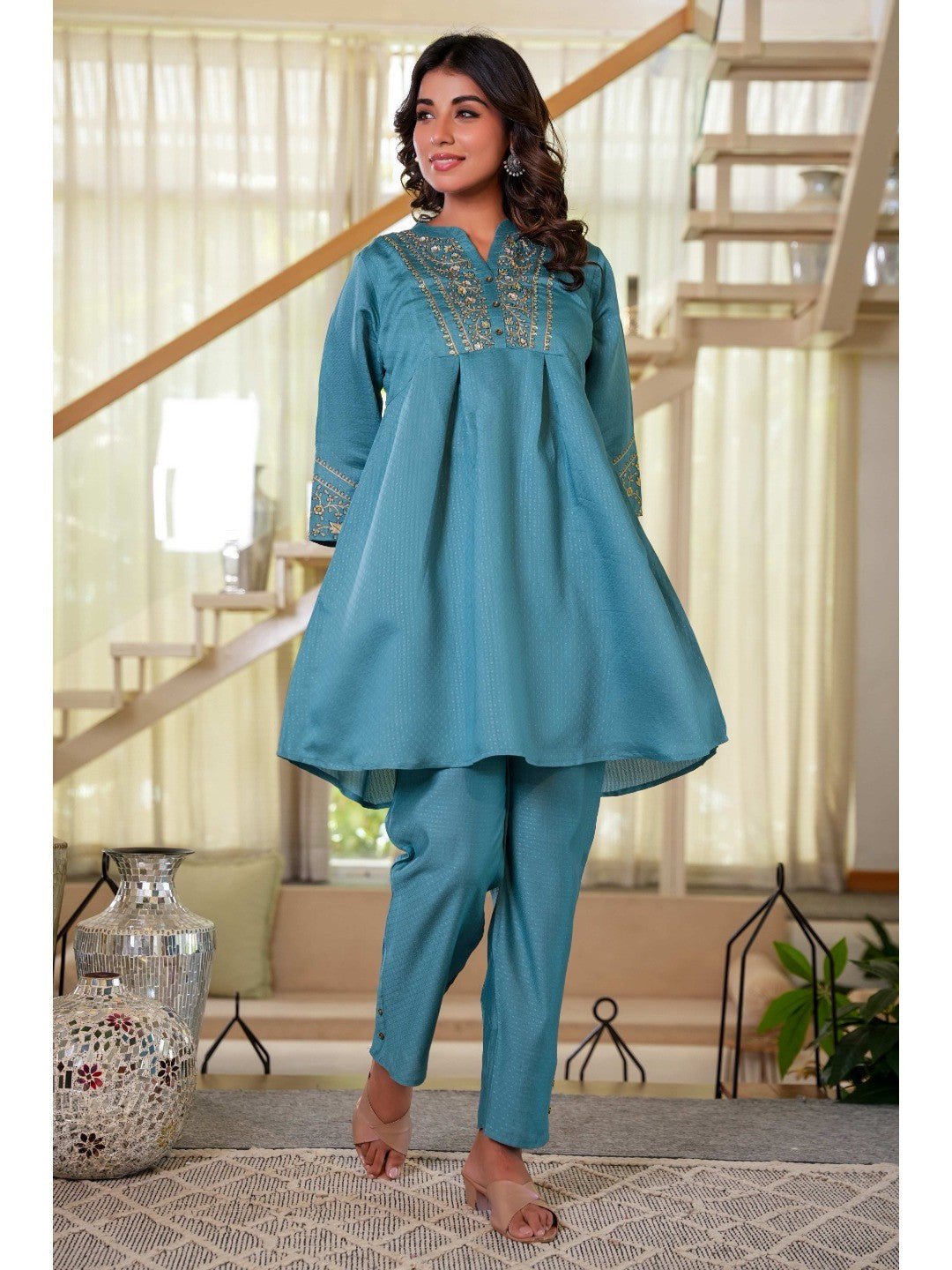 Sea Green Co-Ord Outfit in Viscose Fabric with Neck Embroidery Accent - Image 1