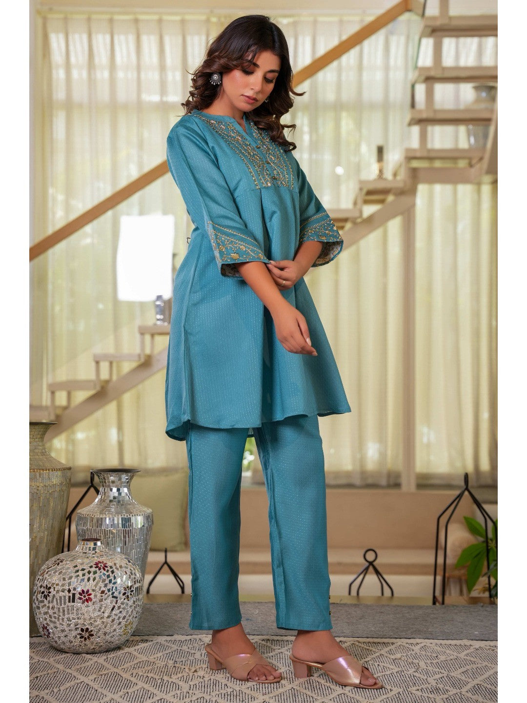 Sea Green Co-Ord Outfit in Viscose Fabric with Neck Embroidery Accent - Image 8