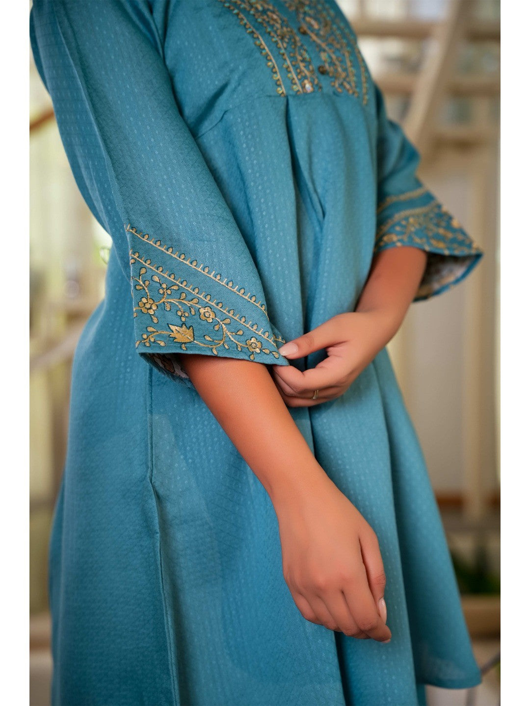 Sea Green Co-Ord Outfit in Viscose Fabric with Neck Embroidery Accent - Image 2