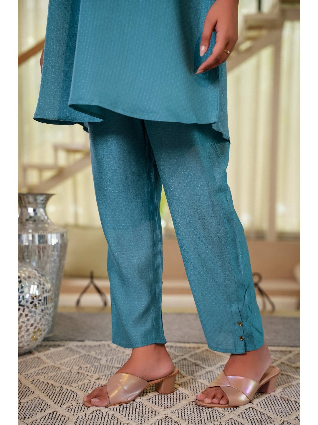 Sea Green Co-Ord Outfit in Viscose Fabric with Neck Embroidery Accent - Image 3