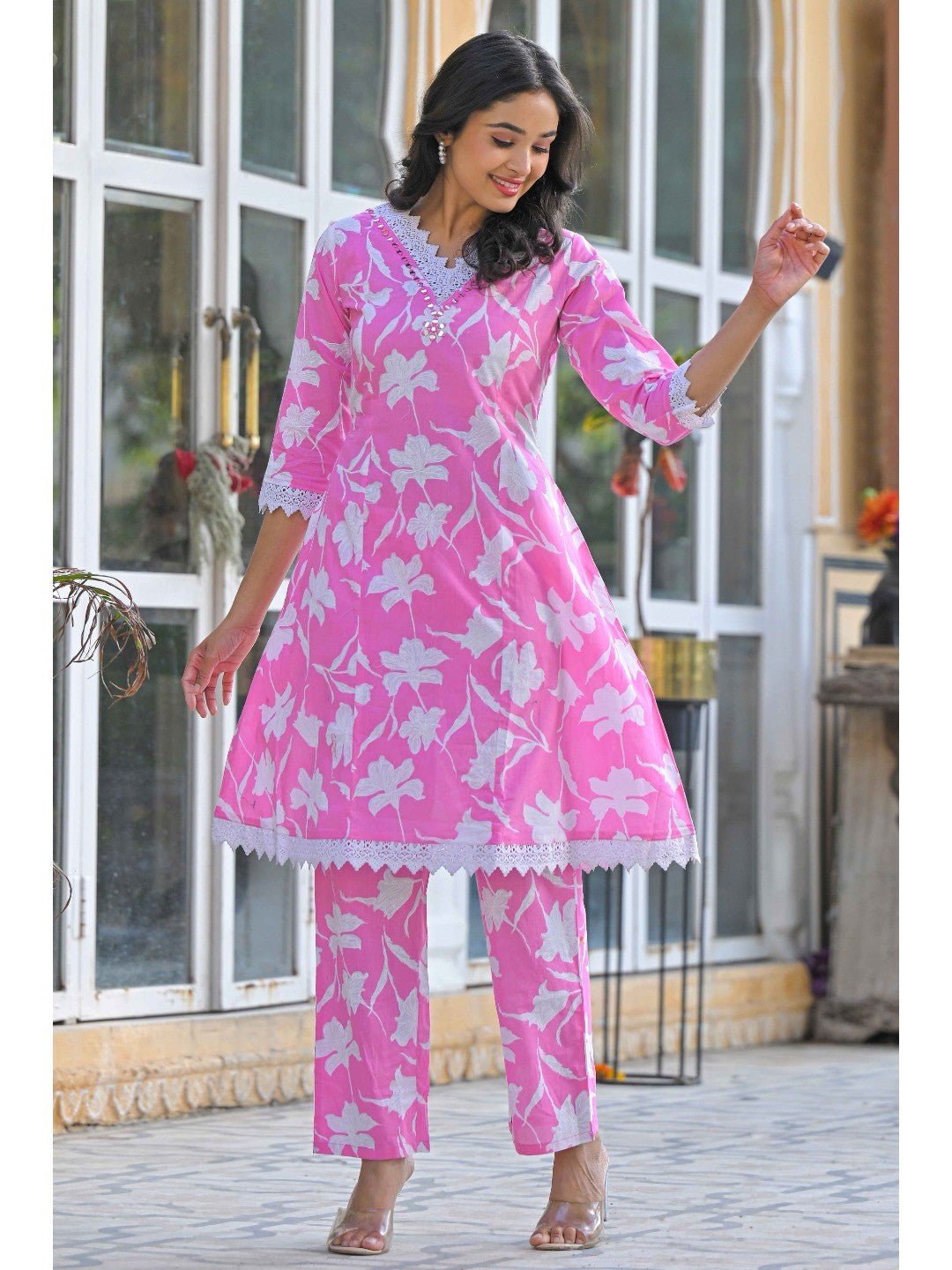 Pink Floral Printed Pure Cotton A-Line Top Bottom Set - Image 6