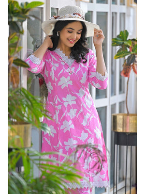 Pink Floral Printed Pure Cotton A-Line Top Bottom Set - Image 2