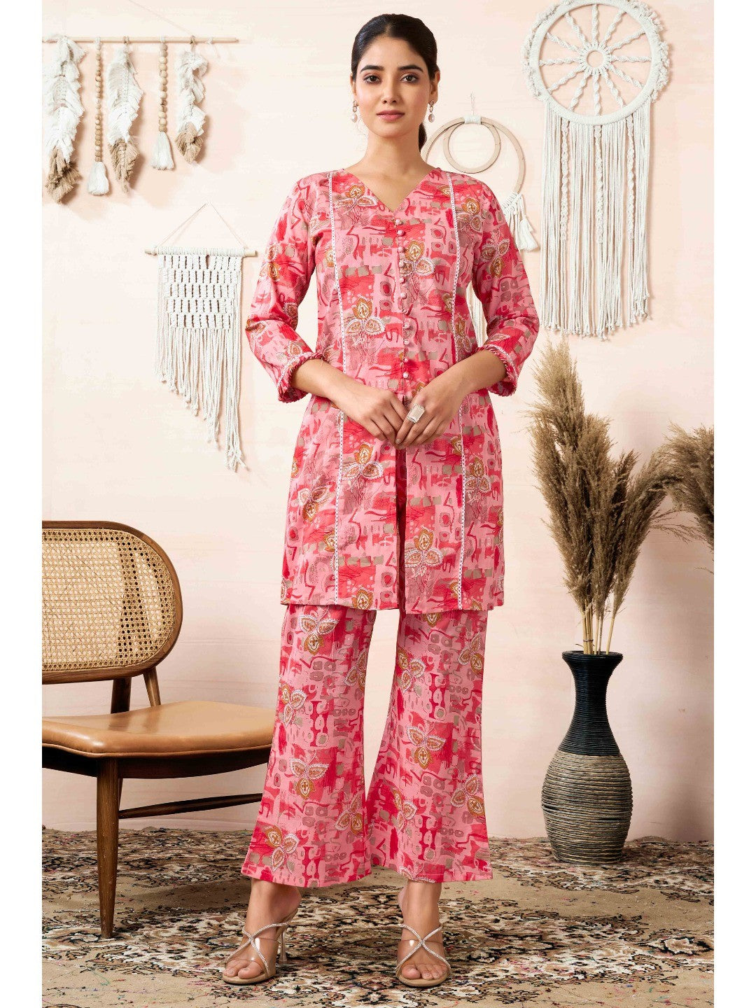 Peach Floral Printed Pure Cotton Co-ord Set - Image 1