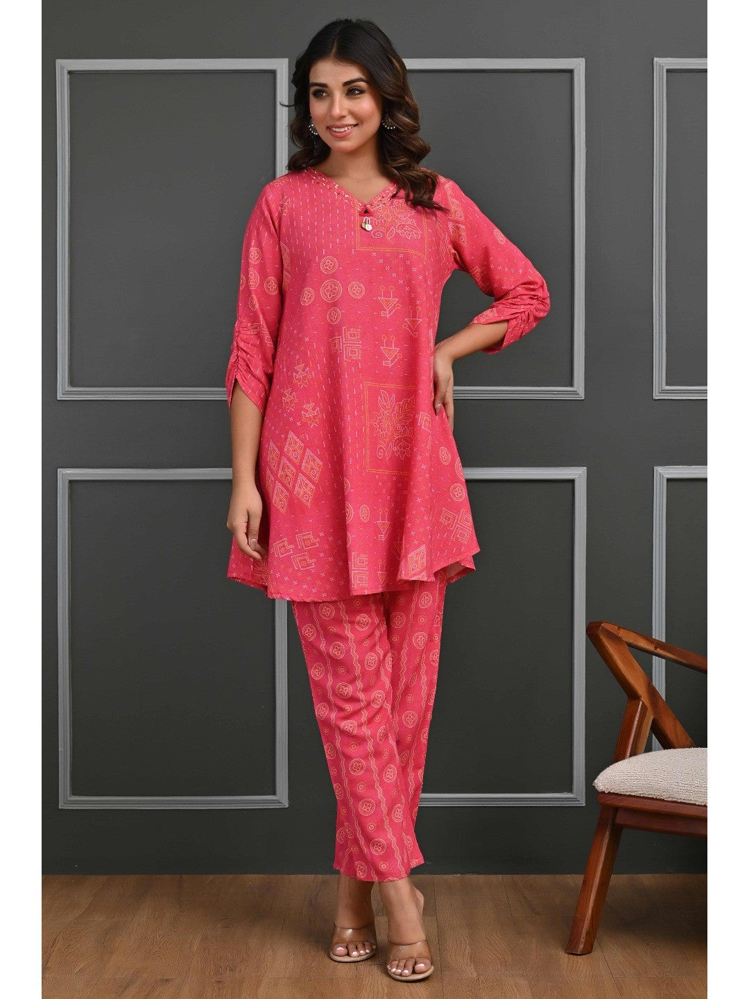 Festive-Ready Rani Pink Bandhani Printed Cotton Flex Straight Fit Co-Ord Set - Image 1