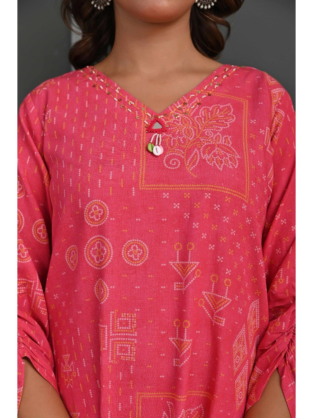Festive-Ready Rani Pink Bandhani Printed Cotton Flex Straight Fit Co-Ord Set - Image 2