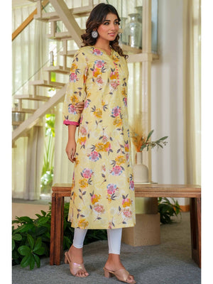 Pure Cotton Yellow Kurti with Feminine Floral Prints and Straight Cut Design - Image 2