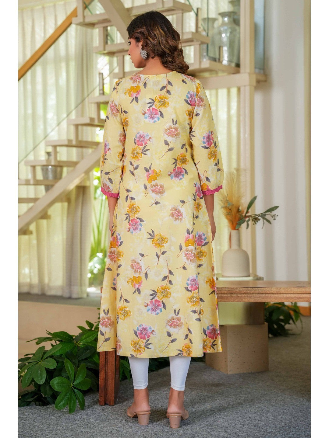 Pure Cotton Yellow Kurti with Feminine Floral Prints and Straight Cut Design - Image 4