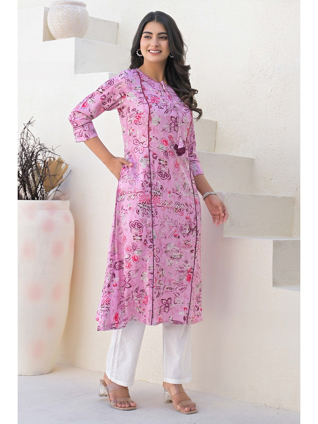 Light Purple Floral Printed Rayon A-Line Cut Kurti - Image 5