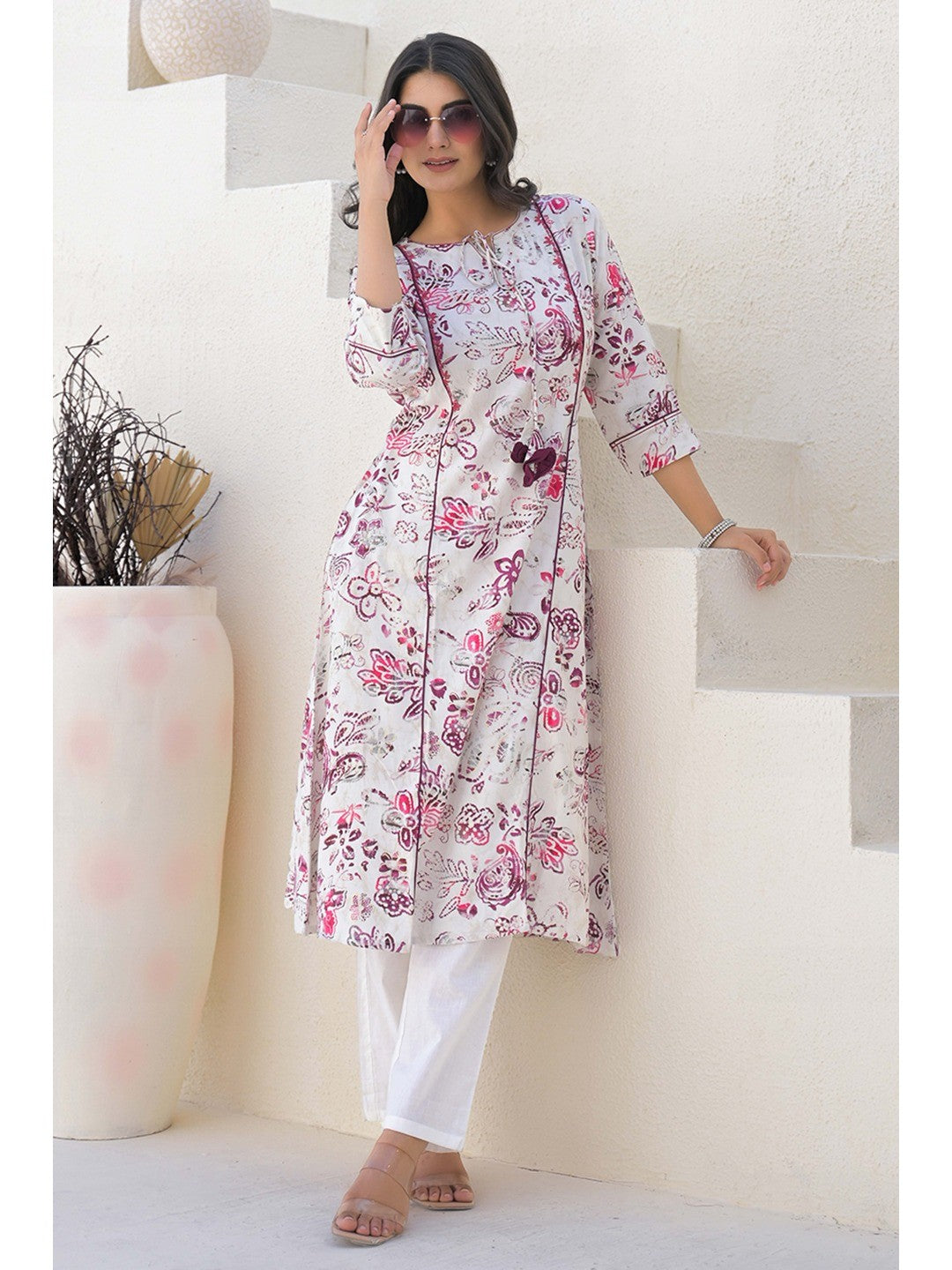 Off White Rayon A-line Kurti With Artistic Floral Prints - Image 1