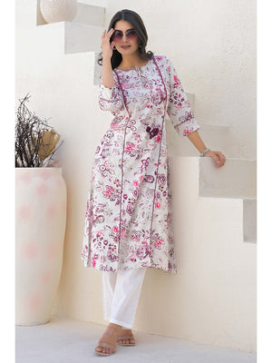Off White Rayon A-line Kurti With Artistic Floral Prints - Image 1