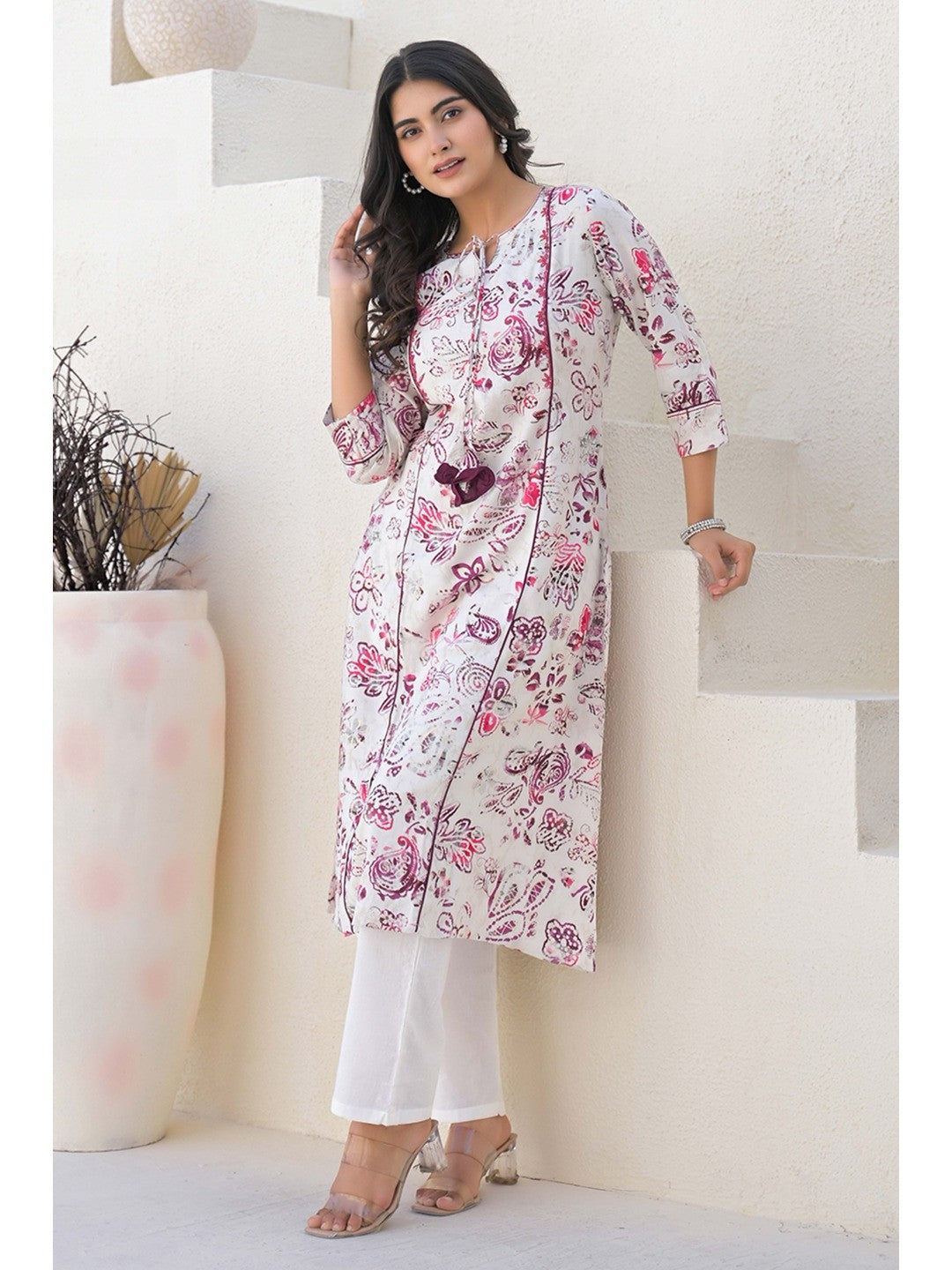 Off White Rayon A-line Kurti With Artistic Floral Prints - Image 7