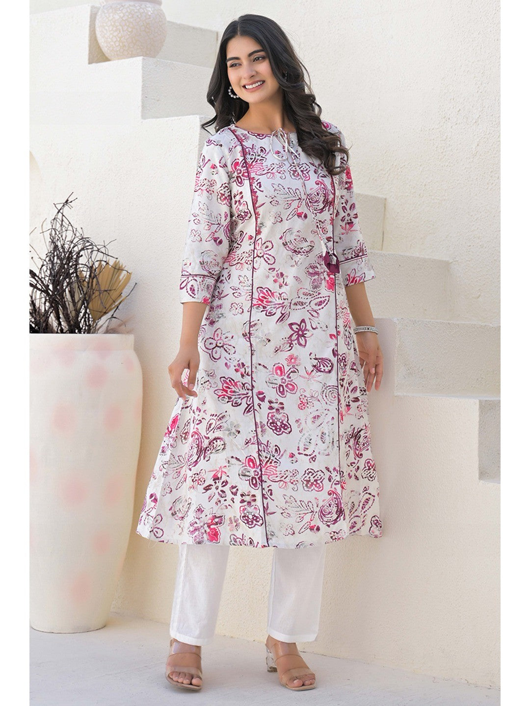 Off White Rayon A-line Kurti With Artistic Floral Prints - Image 9