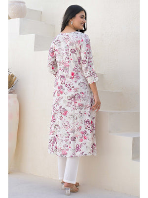 Off White Rayon A-line Kurti With Artistic Floral Prints - Image 2