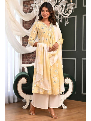 Powder Yellow Floral Printed A-Line Salwar Suit in Lightweight Pure Cotton Fabric - Image 1
