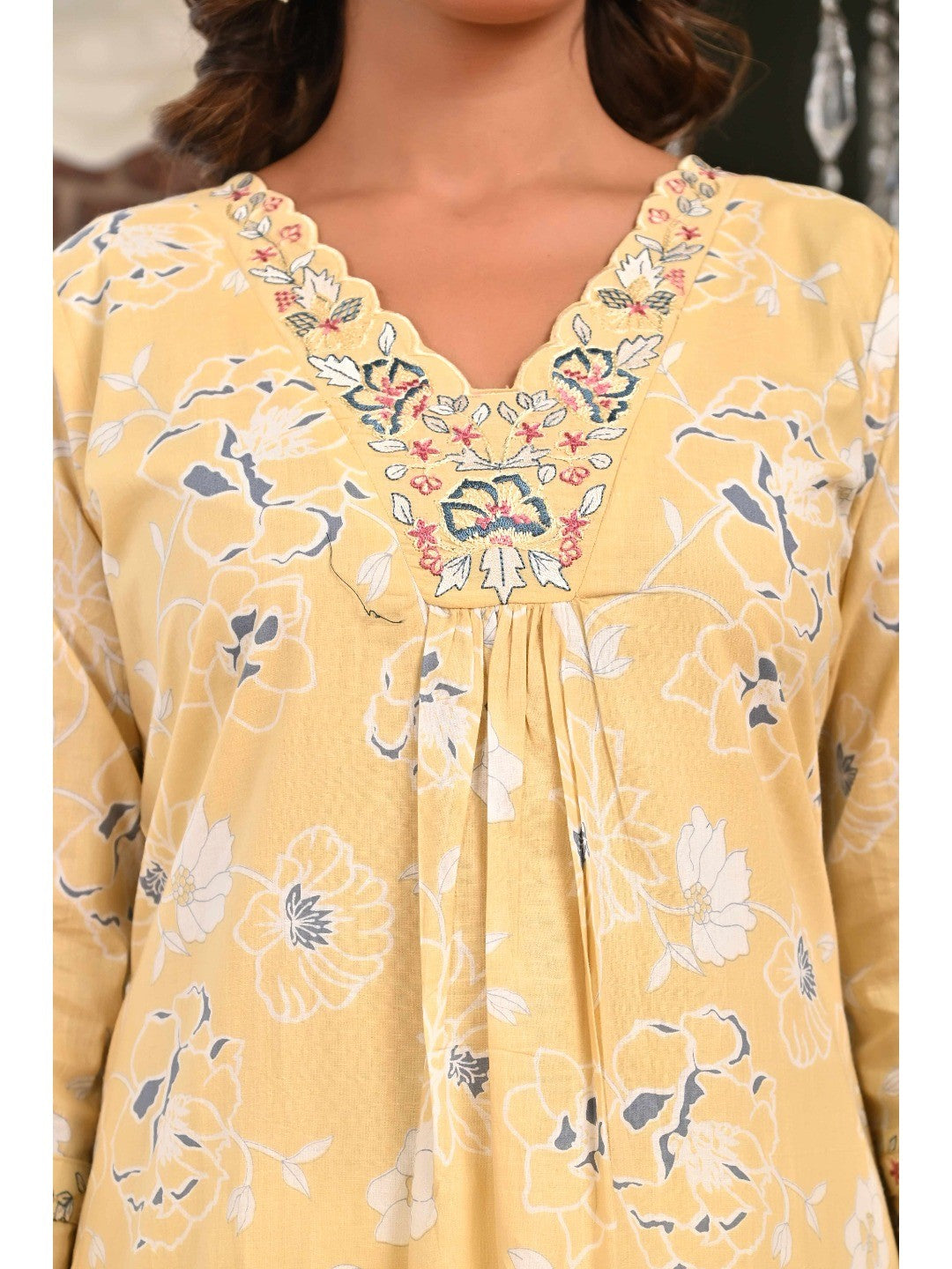 Powder Yellow Floral Printed A-Line Salwar Suit in Lightweight Pure Cotton Fabric - Image 6