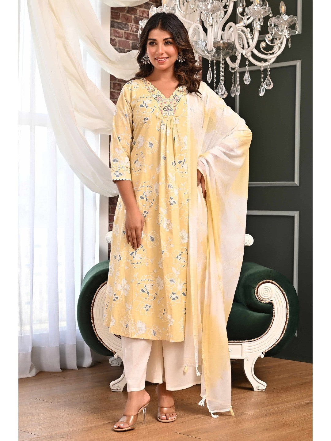 Powder Yellow Floral Printed A-Line Salwar Suit in Lightweight Pure Cotton Fabric - Image 7
