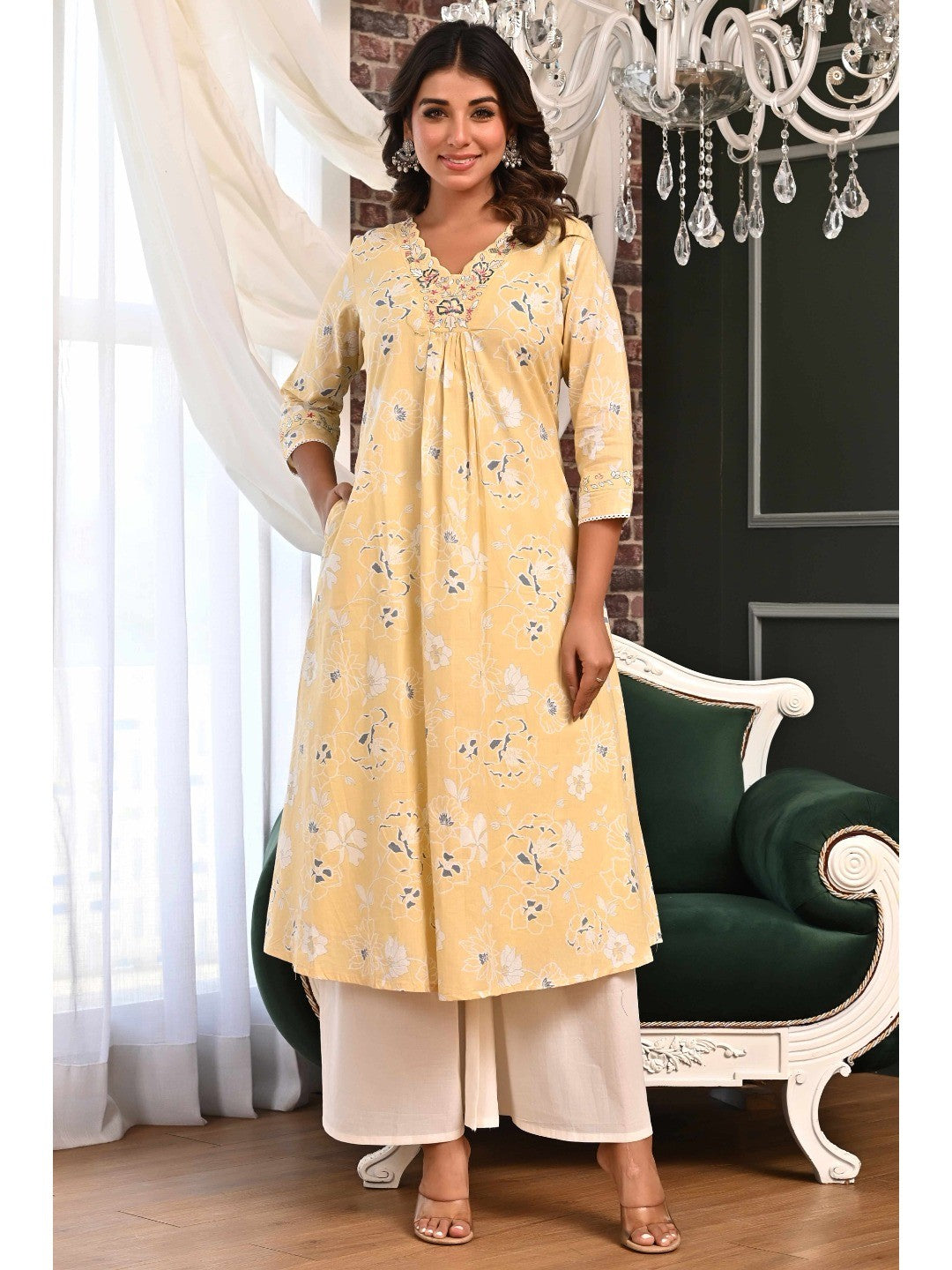 Powder Yellow Floral Printed A-Line Salwar Suit in Lightweight Pure Cotton Fabric - Image 3
