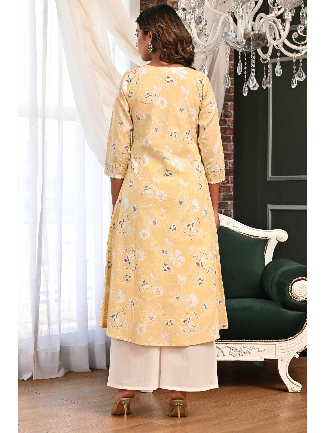 Powder Yellow Floral Printed A-Line Salwar Suit in Lightweight Pure Cotton Fabric - Image 8