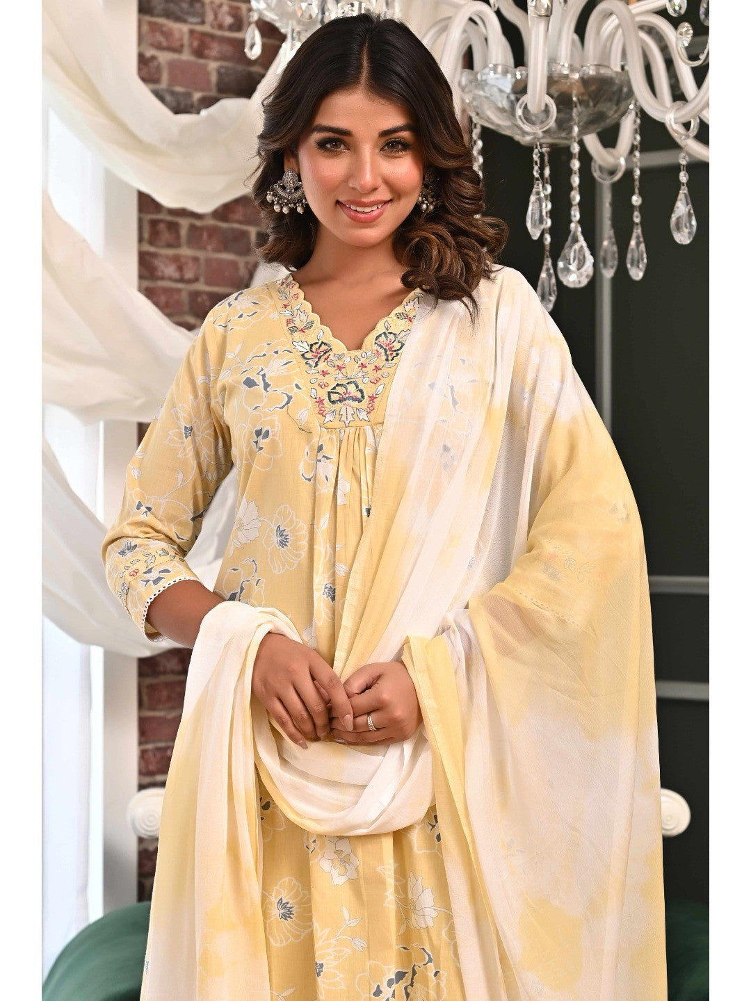 Powder Yellow Floral Printed A-Line Salwar Suit in Lightweight Pure Cotton Fabric - Image 5