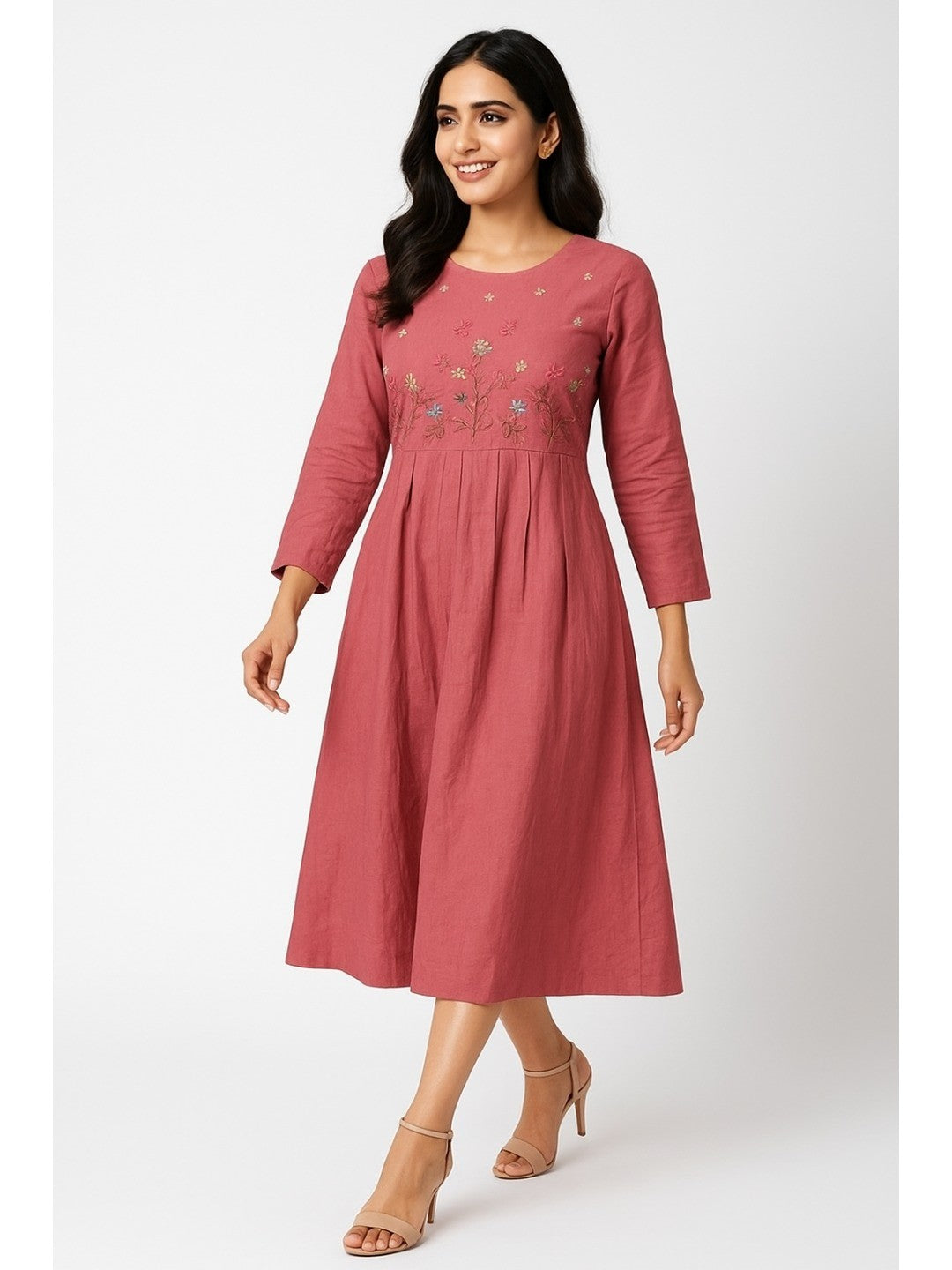 Peach Floral Thread Embroidered Pure Cotton Maxi Dress in Soft Cambric Fabric - Image 1