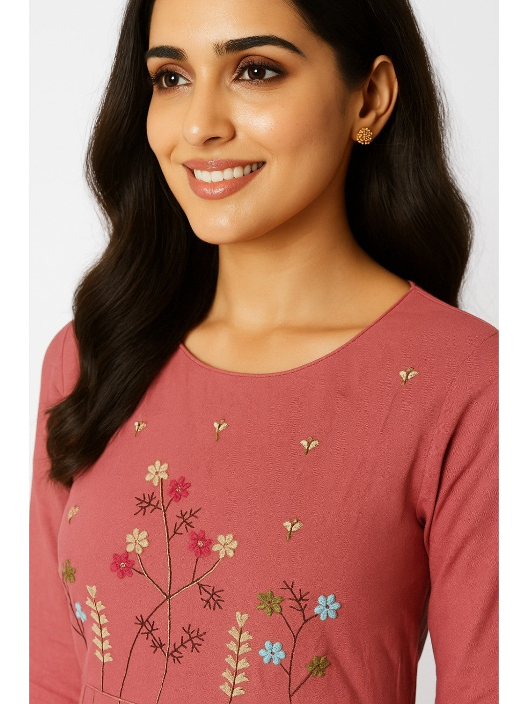 Peach Floral Thread Embroidered Pure Cotton Maxi Dress in Soft Cambric Fabric - Image 2