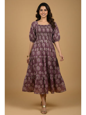 Dark Purple Floral Printed Pure Cotton Smoky Dress - Image 1