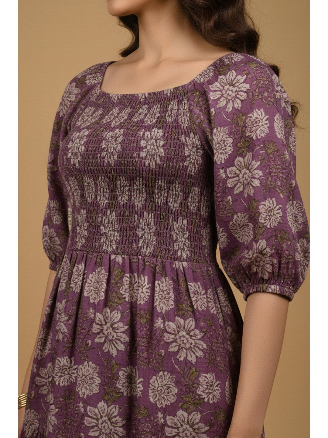 Dark Purple Floral Printed Pure Cotton Smoky Dress - Image 4