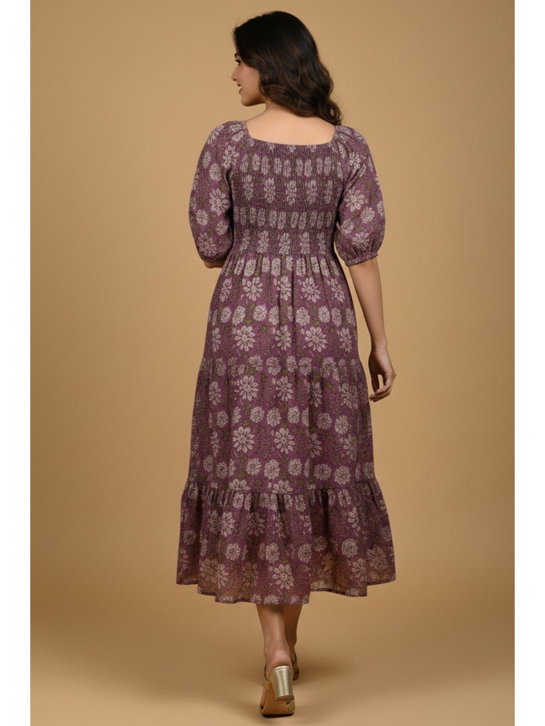 Dark Purple Floral Printed Pure Cotton Smoky Dress - Image 3
