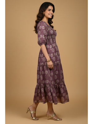 Dark Purple Floral Printed Pure Cotton Smoky Dress - Image 2