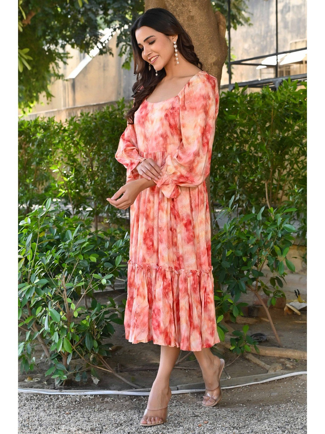 Peach Floral Printed Rayon Maxi Dress - Image 6