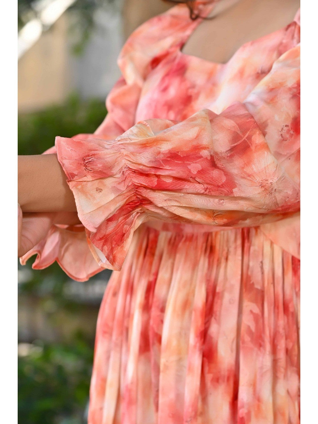 Peach Floral Printed Rayon Maxi Dress - Image 8